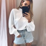 Women Blouses 2018 Fashion Long Puff Sleeve Blouse Shirt Solid Elegant White Office Lady Shirt Casual Tops Blusas Chemise Femme