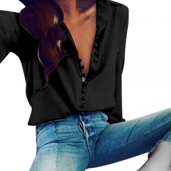 GA@Women Casual Solid Long Sleeves Blouse Lapel Shirt Turn Down Collar Blouse