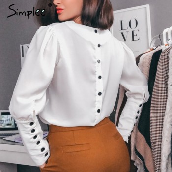 Simplee V neck women blouse shirt Puff sleeve button white blouse Autumn winter lady shirt top Female office chiffon blouse tops