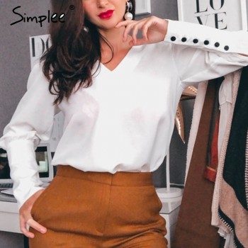 Simplee V neck women blouse shirt Puff sleeve button white blouse Autumn winter lady shirt top Female office chiffon blouse tops