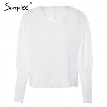 Simplee V neck women blouse shirt Puff sleeve button white blouse Autumn winter lady shirt top Female office chiffon blouse tops