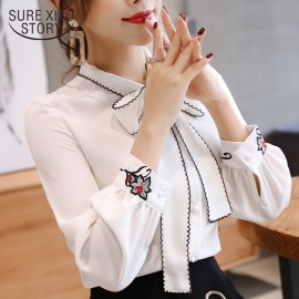 women blouse 2019 long sleeve chiffon womens shirt bow patchwork women clothing white and red color OL feminine blouse 0726 30
