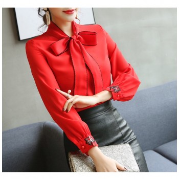women blouse 2019 long sleeve chiffon womens shirt bow patchwork women clothing white and red color OL feminine blouse 0726 30