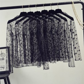 spring Summer Women Lace Blouses Shirt Women tops Sexy mesh Blouses See-through Long Sleeve Black Dot Star Striped Shirt Blouse