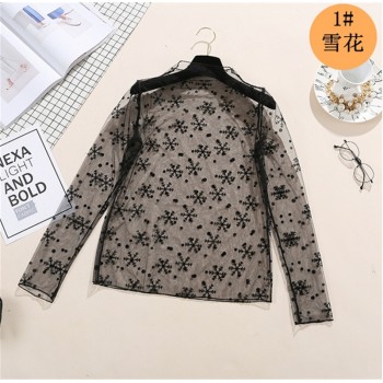 spring Summer Women Lace Blouses Shirt Women tops Sexy mesh Blouses See-through Long Sleeve Black Dot Star Striped Shirt Blouse