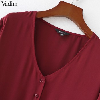 Vadim elegant V neck pleated long chiffon blouse long style long sleeve sweet shirts ladies casual chic tops blusas LA178