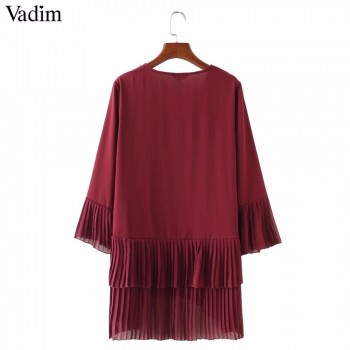 Vadim elegant V neck pleated long chiffon blouse long style long sleeve sweet shirts ladies casual chic tops blusas LA178