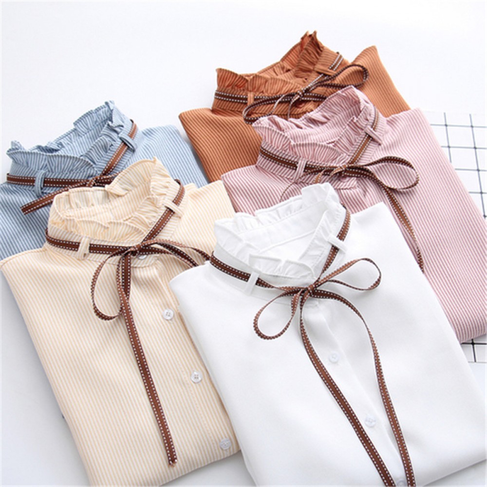 2018 New Female Chiffon Blouse Shirt Lady Solid Bow Shirt Loose Stand collar Women Long-Sleeved Shirts Dropshiping