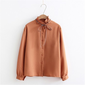 2018 New Female Chiffon Blouse Shirt Lady Solid Bow Shirt Loose Stand collar Women Long-Sleeved Shirts Dropshiping