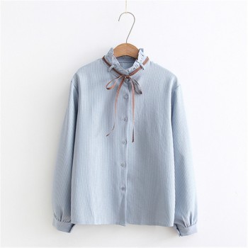 2018 New Female Chiffon Blouse Shirt Lady Solid Bow Shirt Loose Stand collar Women Long-Sleeved Shirts Dropshiping
