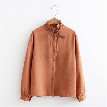 2018 New Female Chiffon Blouse Shirt Lady Solid Bow Shirt Loose Stand collar Women Long-Sleeved Shirts Dropshiping