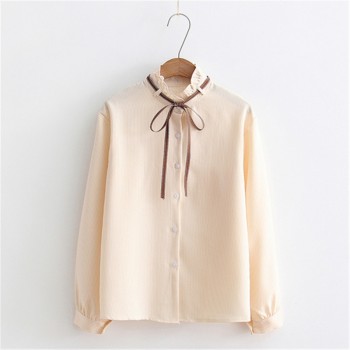 2018 New Female Chiffon Blouse Shirt Lady Solid Bow Shirt Loose Stand collar Women Long-Sleeved Shirts Dropshiping