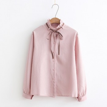 2018 New Female Chiffon Blouse Shirt Lady Solid Bow Shirt Loose Stand collar Women Long-Sleeved Shirts Dropshiping