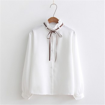 2018 New Female Chiffon Blouse Shirt Lady Solid Bow Shirt Loose Stand collar Women Long-Sleeved Shirts Dropshiping