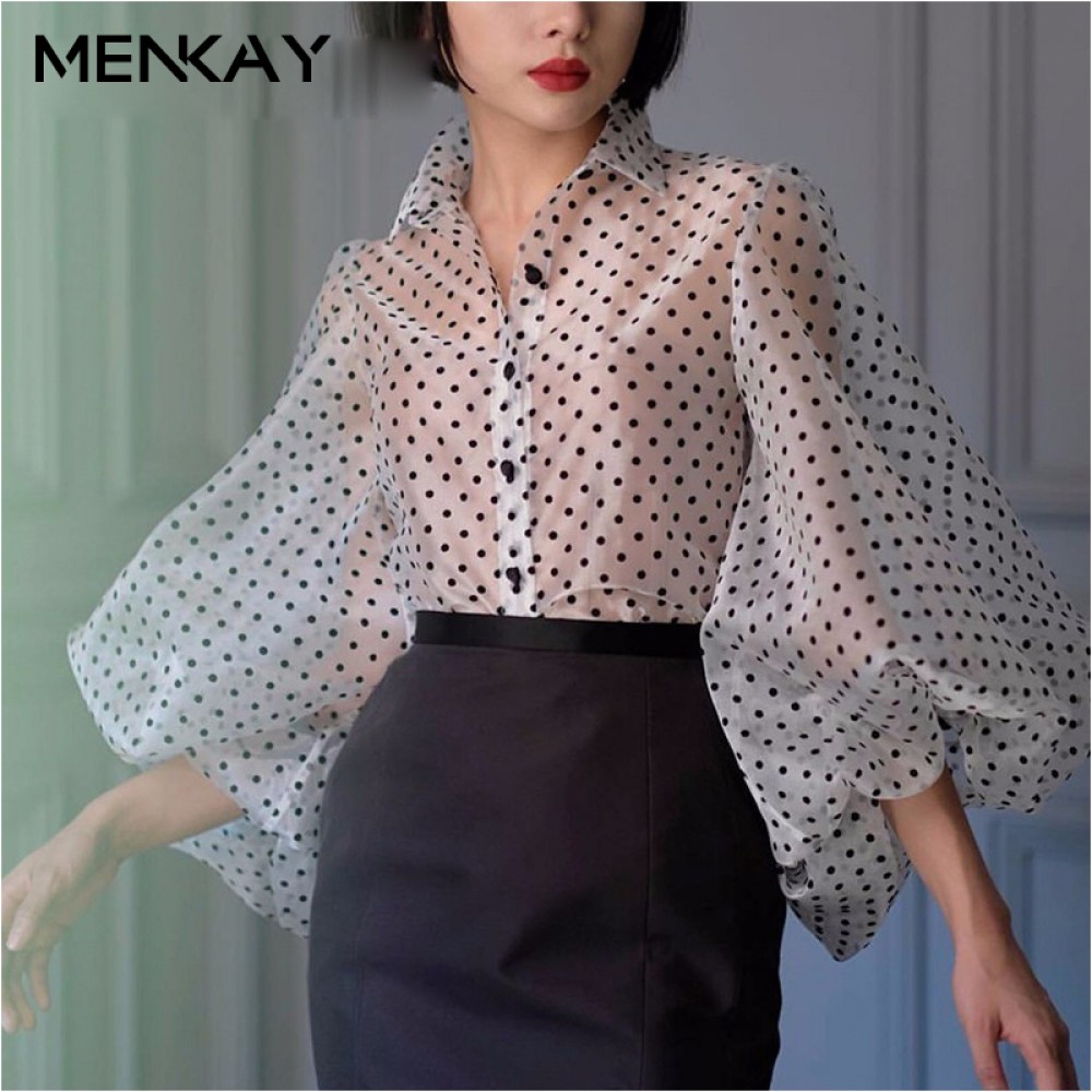 [MENKAY] Dot Shirt Female Lapel Collar Lantern Sleeve Plus Size Vintage Blouse For Women Spring Summer 2018 Fashion New Tops