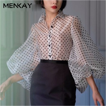 [MENKAY] Dot Shirt Female Lapel Collar Lantern Sleeve Plus Size Vintage Blouse For Women Spring Summer 2018 Fashion New Tops