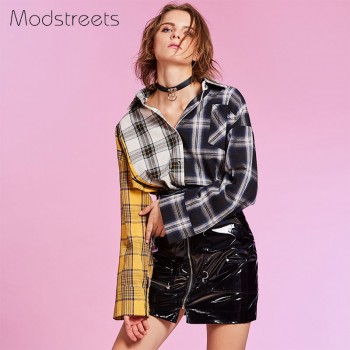 Modstreets 2018 Spring Shirt Women Plaid Shirt Cotton Long Sleeve Patchwork Blouse for Girls Korean Top Streetwear Brand Shirt