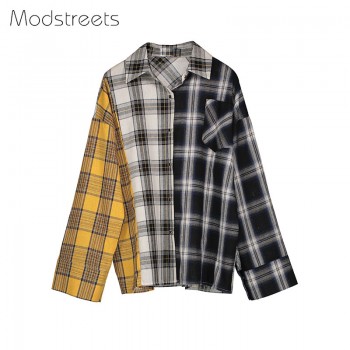 Modstreets 2018 Spring Shirt Women Plaid Shirt Cotton Long Sleeve Patchwork Blouse for Girls Korean Top Streetwear Brand Shirt