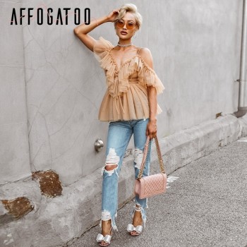 Affogatoo Pleated ruffle vintage peplum blouse top Women off shoulder mesh blouse shirt summer 2018 Sexy sleeveless shirt blusas