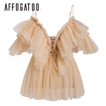 Affogatoo Pleated ruffle vintage peplum blouse top Women off shoulder mesh blouse shirt summer 2018 Sexy sleeveless shirt blusas
