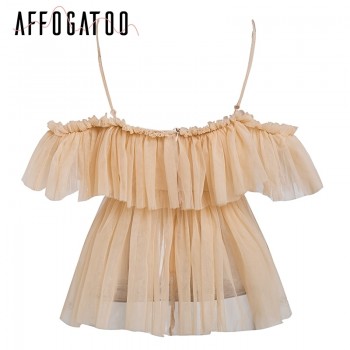 Affogatoo Pleated ruffle vintage peplum blouse top Women off shoulder mesh blouse shirt summer 2018 Sexy sleeveless shirt blusas