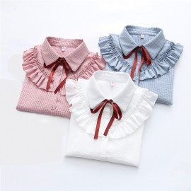 New Ruffles Womens Shirts Striped White Blouses with Bow Flare Long Sleeve Shirt Women Autumn Chiffon Shirt Blouse Top Female