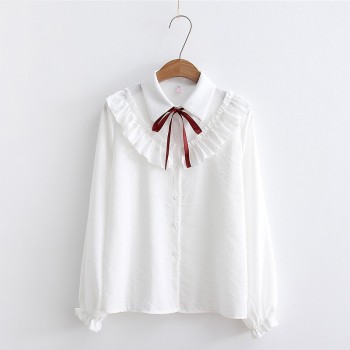 New Ruffles Womens Shirts Striped White Blouses with Bow Flare Long Sleeve Shirt Women Autumn Chiffon Shirt Blouse Top Female