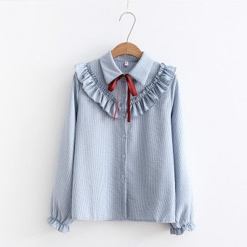 New Ruffles Womens Shirts Striped White Blouses with Bow Flare Long Sleeve Shirt Women Autumn Chiffon Shirt Blouse Top Female