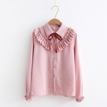 New Ruffles Womens Shirts Striped White Blouses with Bow Flare Long Sleeve Shirt Women Autumn Chiffon Shirt Blouse Top Female
