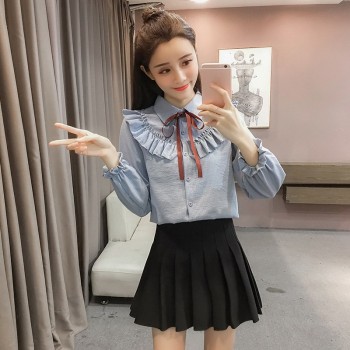 New Ruffles Womens Shirts Striped White Blouses with Bow Flare Long Sleeve Shirt Women Autumn Chiffon Shirt Blouse Top Female