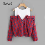 ROMWE Open Shoulder Check 2 In 1 Shirt Tunic Vogue Blouse Women Red Button Plaid Top Fall 2019 Long Sleeve Lapel Blouse