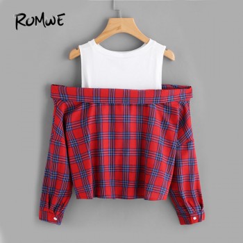ROMWE Open Shoulder Check 2 In 1 Shirt Tunic Vogue Blouse Women Red Button Plaid Top Fall 2019 Long Sleeve Lapel Blouse