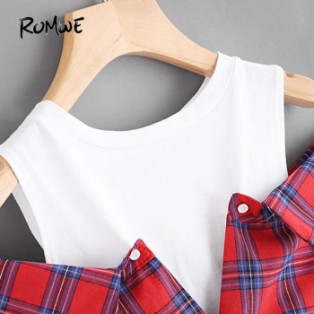 ROMWE Open Shoulder Check 2 In 1 Shirt Tunic Vogue Blouse Women Red Button Plaid Top Fall 2019 Long Sleeve Lapel Blouse