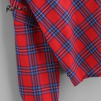 ROMWE Open Shoulder Check 2 In 1 Shirt Tunic Vogue Blouse Women Red Button Plaid Top Fall 2019 Long Sleeve Lapel Blouse