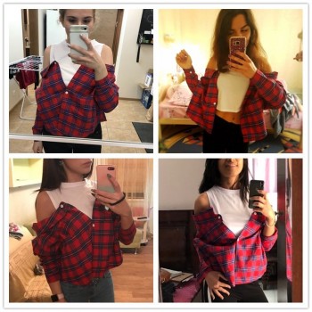 ROMWE Open Shoulder Check 2 In 1 Shirt Tunic Vogue Blouse Women Red Button Plaid Top Fall 2019 Long Sleeve Lapel Blouse