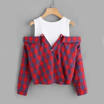 ROMWE Open Shoulder Check 2 In 1 Shirt Tunic Vogue Blouse Women Red Button Plaid Top Fall 2019 Long Sleeve Lapel Blouse