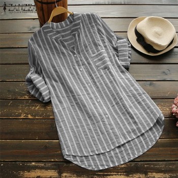 2018 Autumn ZANZEA Women Cotton Linen Top Women Striped Blouse Casual Work Shirts Elegant Blusas V Neck Blusa Femme Plus Size