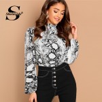 Sheinside Elegant Blouse Women Long Sleeve Shirts Mock Neck Snake Skin Print Top Ladies Blouses 2018 Womens Shirt Casual Tops