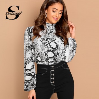 Sheinside Elegant Blouse Women Long Sleeve Shirts Mock Neck Snake Skin Print Top Ladies Blouses 2018 Womens Shirt Casual Tops