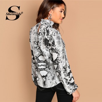 Sheinside Elegant Blouse Women Long Sleeve Shirts Mock Neck Snake Skin Print Top Ladies Blouses 2018 Womens Shirt Casual Tops