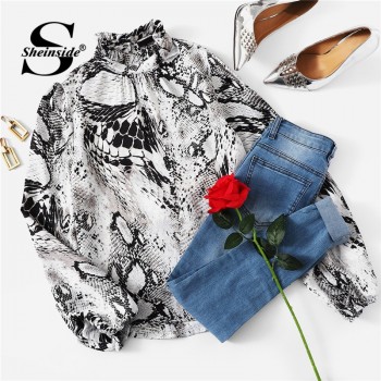 Sheinside Elegant Blouse Women Long Sleeve Shirts Mock Neck Snake Skin Print Top Ladies Blouses 2018 Womens Shirt Casual Tops