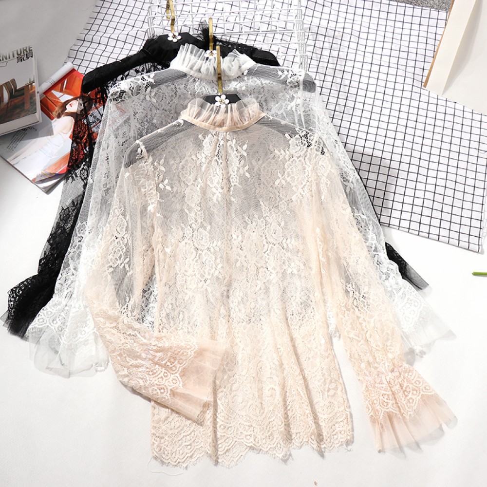 Lace See-through Women Blouse Summer Ruffled Neck Butterfly Sleeve Sexy Ladies Tops Flower Back Shirts Night Club Tops 0.07
