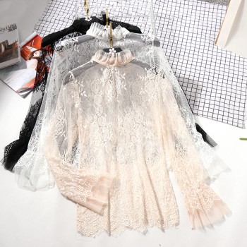 Lace See-through Women Blouse Summer Ruffled Neck Butterfly Sleeve Sexy Ladies Tops Flower Back Shirts Night Club Tops 0.07