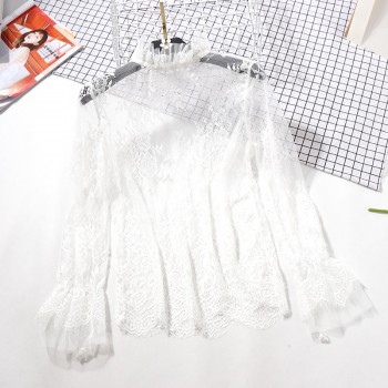 Lace See-through Women Blouse Summer Ruffled Neck Butterfly Sleeve Sexy Ladies Tops Flower Back Shirts Night Club Tops 0.07