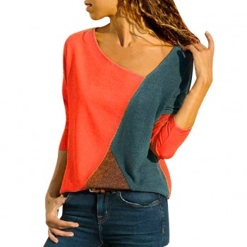 S-5XL NEW Autumn Fashion Women O-Neck Long Sleeve Blouse summer women clothing Color Casual Patchwork Tops #YL10