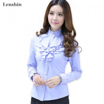 Lenshin White Blouse Fashion Female Full Sleeve Casual Shirt Elegant Ruffled Collar Office Lady Tops Women Wear