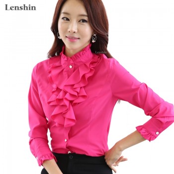 Lenshin White Blouse Fashion Female Full Sleeve Casual Shirt Elegant Ruffled Collar Office Lady Tops Women Wear