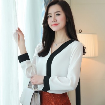 2019 fashion chiffon office lady shirt women blouse long sleeve V-neck women tops patchwork womens clothing shirts Tops D826 30