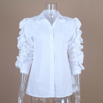 TWOTWINSTYLE Ruffles Blouse Female Lapel Collar Patchwork Long Sleeve White Shirt Tops For Ladies 2018 Spring OL Vintage Clothes