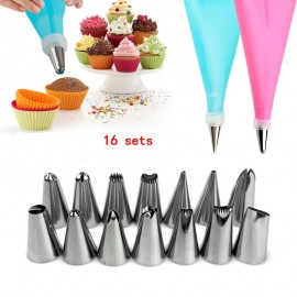 16 Pcs/Set Silicone Icing Piping Cream Pastry Bag + Stainless Steel Nozzle Pastry Tips Converter DIY Cake Decorating Tools